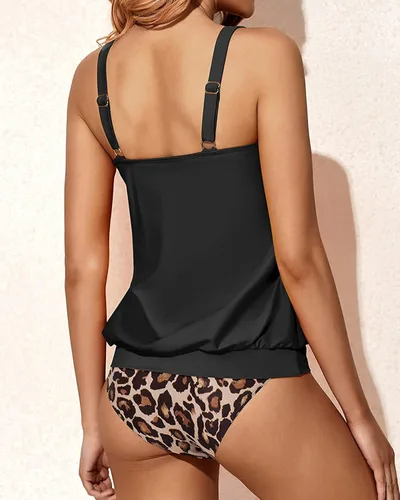 Miniatura 2 de Yonique Trajes de baño estilo tankini con blusón para mujer, de dos piezas, ajuste holgado, sencillo y estampado floral.