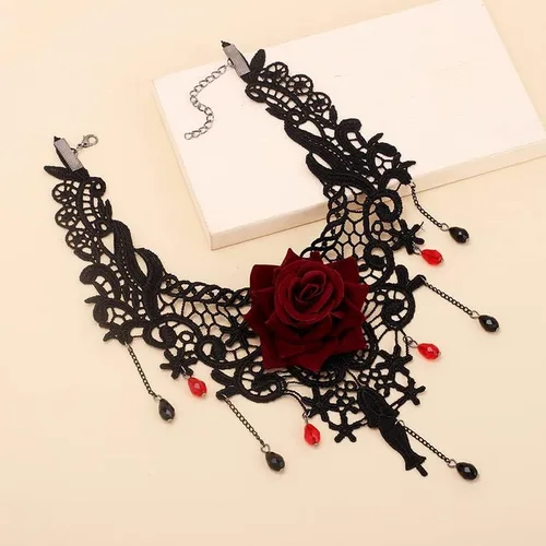 Miniatura 4 de Gargantilla gótica de encaje negro rosa roja para mujer, Zinc, No es una piedra preciosa