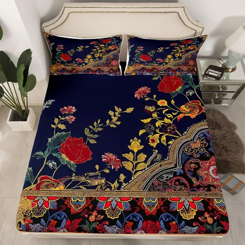 Miniatura 21 de Sábanas de cama góticas de damasco para adultos, sábana bajera ajustable victoriana antigua, sábanas góticas florales vintage, juego de ropa de cama
