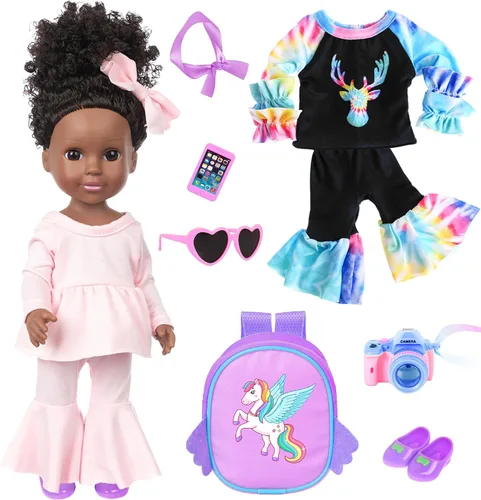 Muñeca de silicona afroamericana de 14.5 pulgadas, muñeca realista de niña negra con 2 trajes, zapatos, mochila, cámara, lentes y accesorios para