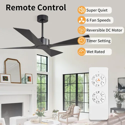 Miniatura 2 de WINGBO Ventilador de techo para exteriores de 54 pulgadas sin luces, 4 cuchillas de plástico ABS, motor CC reversible, control remoto de 6 Negro