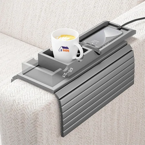 Miniatura 11 de Bestjing Bandeja de bambú para portavasos de sofá – 2 en 1 con soporte doble desmontable Be Slide-Away – Sofá sillón Caddy para beber aperitivos