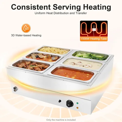 Miniatura 4 de Calentador de alimentos eléctrico comercial de 6 bandejas, 110 V, 850 W, de acero inoxidable, para encimera de bufé, vaporizador de vapor, mesa de 6