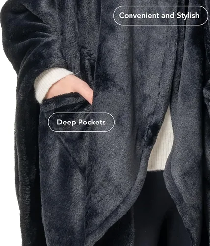 Miniatura 3 de Berkshire Blanket Primalush® Manta portátil, Capa de felpa con bolsillos y acogedora para estar en casa, ideal para adultos y adolescentes, Negro