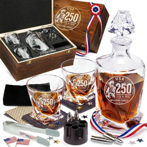 Miniatura 9 de Juego de decantador de whisky trenzado personalizado para el 250 aniversario, regalo de independencia de Estados Unidos 250 para hombres, nombre
