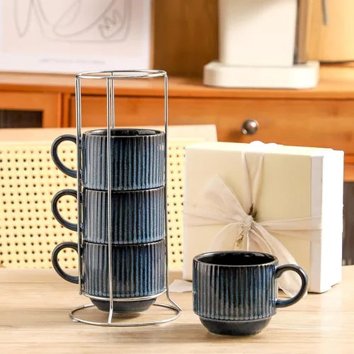 Miniatura 5 de glowworm Juego de 4 tazas de café apilables de 15 onzas con estante, tazas de cerámica para el hogar, oficina, inauguración de la casa y regalos