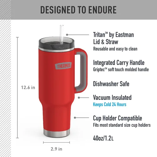 Miniatura 3 de THERMOS Taza Portavasos de Acero Inoxidable - 40 Onzas, Carmesí - Vaso Aislado con Tapa y Popote, Más Bloqueo Deslizante Resistente a Fugas