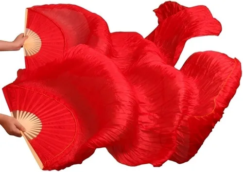 Miniatura 6 de 1 par (izquierdo + derecho) de abanicos de seda artificial de bambú para danza del vientre, abanicos de tela coloridos para danza, abanicos largos