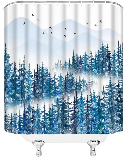 Miniatura 3 de Cortina de ducha de bosque brumoso, pino, acuarela, abstracta, selva, montaña, planta azul, rústico, misterioso, paisaje, decoración de baño
