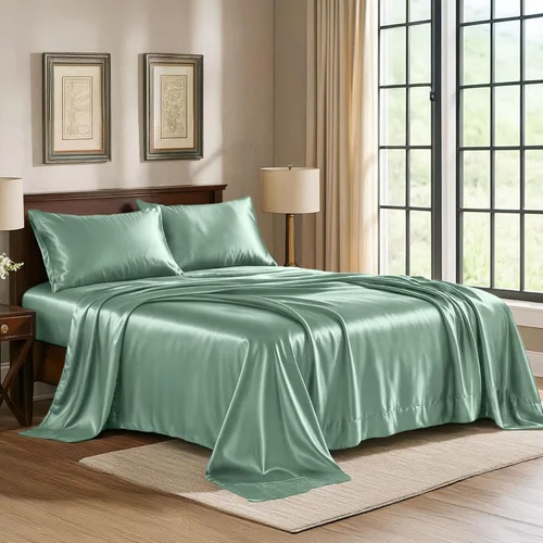 Pure Bedding Sábanas de satén tamaño individual [3 piezas, verde champán] Juego de sábanas sedosas de lujo para hotel, juego de sábanas de