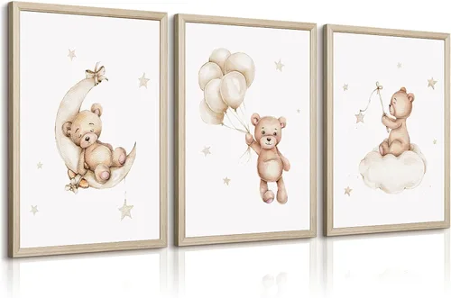Miniatura 10 de Baccone Arte de pared para habitación de guardería con oso de peluche, póster para habitación de bebé niño o niña, decoración de pared de guardería