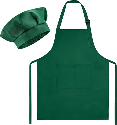 Miniatura 9 de Morcheiong Juego de gorro y delantal de chef para niños, delantal de pintura ajustable para niños y gorro de chef con 2 bolsillos para cocinar