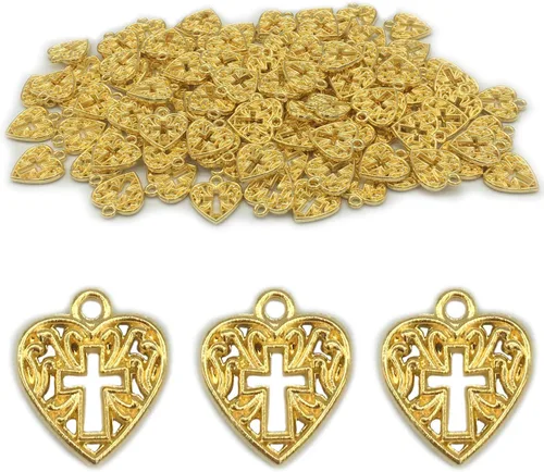 Paquete de 120 dijes de cruz de corazón de aleación de oro antiguo a granel para pulseras y fabricación de joyas, Metal, No es una piedra preciosa