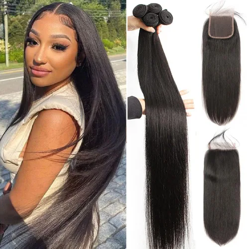 Miniatura 21 de YISEA Paquetes de cabello humano liso con cierre de encaje (12 14 16+10 cierre) Paquetes de cabello humano 3 con cierre de encaje 4x4 100%