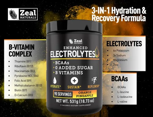 Miniatura 6 de Zeal Electrolyte Powder - 90 porciones Polvo de electrolitos Keto Cero azúcar, BCAA, vitaminas B Potasio, zinc, magnesio Bebida