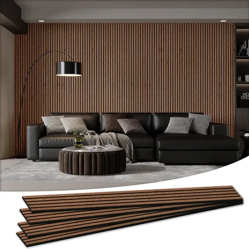 Miniatura 13 de Paquete de 4 paneles acústicos de pared de 105.9" x 12.6" x 0.8" que absorben sonido, paneles de pared de listones de madera para decoración de Teca