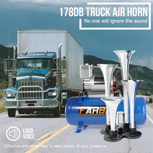 Miniatura 2 de FARBIN - Bocina de tren para camión, 178 dB, superpotente, con 4 trompetas, incluye compresor de aire 12 V de 150 PSI y tanque de 6 l (1.6 gal)
