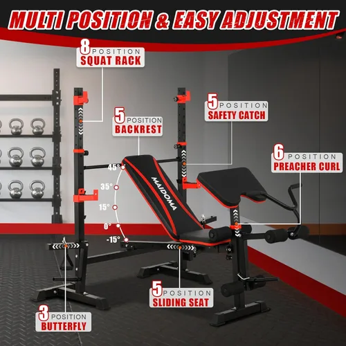 Miniatura 4 de MAIDOMA Foldable 1500LBS Capacity 8 IN 1 Weight Bench Set with Leg Extension/Squat Rack/Preacher Curl, Adjustable Bench Press for Home Gym Full Body