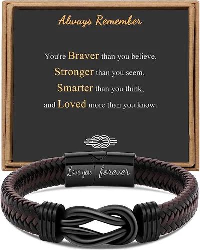 Regalo para hombres, pulsera infinita para hombres, papá, marido, novio, hijo, nieto, hermano, sobrino, tío marrón, cuero trenzado para siempre,