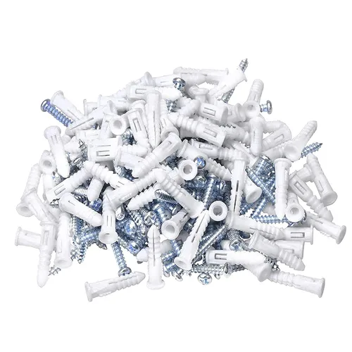 Anclajes de pared acanalados #8-#10 de 1 pulgada con tornillos, paquete de 100, blanco, anclaje de plástico para paneles de yeso/hormigón, tornillo