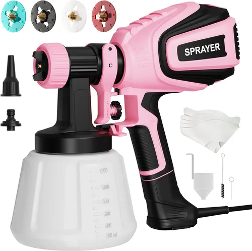 VONFORN Pulverizador de pintura, pistola de pulverización HVLP de 700 W con juntas de limpieza y soplado, 4 boquillas y 3 patrones, fácil de Rosa