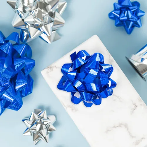 Miniatura 5 de WRAPAHOLIC Surtido de 16 lazos de regalo, 14 lazos de regalo de varios colores (azul rey holográfico y plateado) y 2 cintas rizadas rizadas