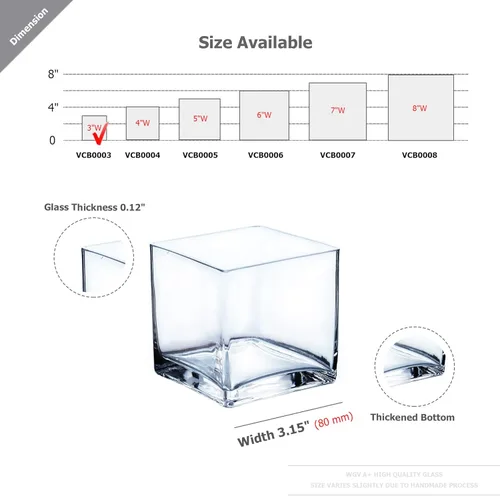 Miniatura 2 de WGV - Jarrón de cristal en forma de cubo a granel, portavelas, 3 x 3 x 3 pulgadas, contenedor transparente elegante con decoración floral