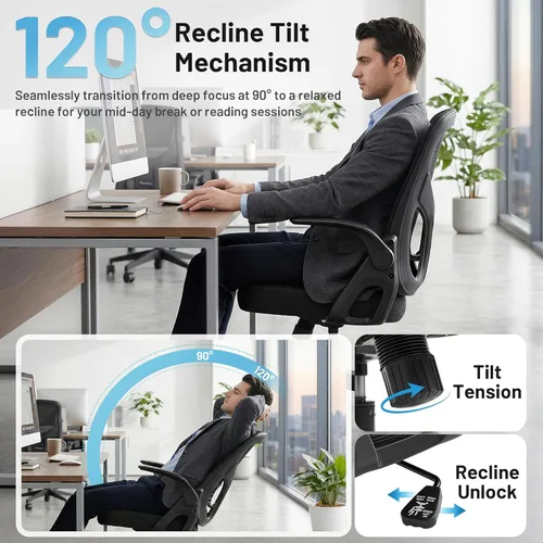 Miniatura 5 de Silla de oficina ergonómica con soporte lumbar ajustable, silla de malla transpirable con respaldo alto con función de inclinación de 120° y Negro