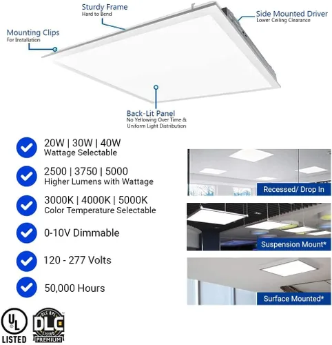 Miniatura 2 de Paquete de 6 luces LED de panel plano de 2 x 2 para techo caído, 5200 lm seleccionables 20W/25W/30W/35W/40W, temperatura