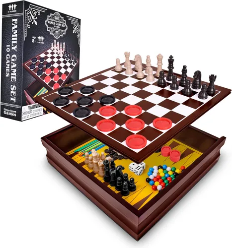 Elbow Room Games Set de Juegos Familiares, 10 Juegos Clásicos con Caja de Almacenamiento de Madera y Tableros de Juego Integrados, Diversión Sin Fin