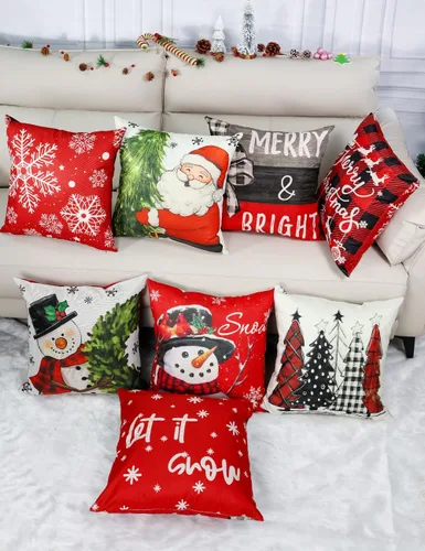 Miniatura 5 de multiwins Decoraciones Navideñas Juego de 4 Fundas de Cojines Navideños con Estampado de Doble Cara de 16" x 16", con 8 Bonitos Patrones, Fundas