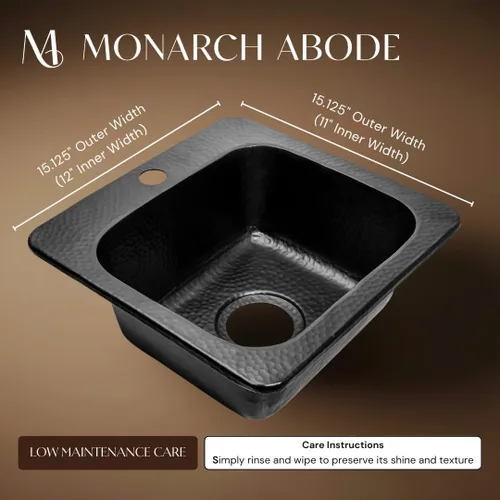 Miniatura 2 de Monarch Abode Fregadero de cocina y bar – Fregadero de barra pequeño Baxter de 15 pulgadas, fregadero de aluminio negro mate martillado a mano