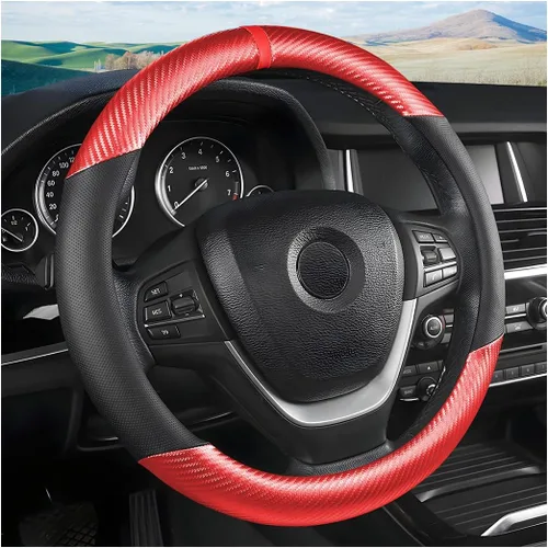 Miniatura 13 de Moly Magnolia Funda universal para volante de fibra de carbono, de 15 pulgadas, transpirable, antideslizante, negra, de cuero y fibra de carbono