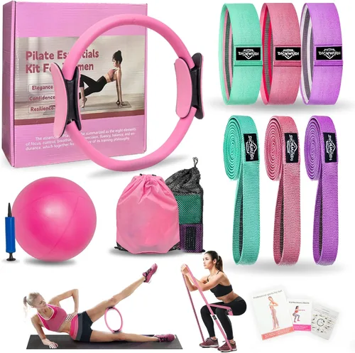 Miniatura 9 de DICYWUDI Kit esencial de pilates para mujeres caseras, equipo de pilates para entrenamientos, 6 bandas de resistencia de tela, anillo de yoga
