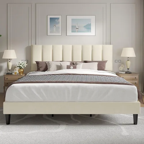 Miniatura 19 de VECELO - Base de cama tamaño individual con cabecera tapizada, plataforma con soporte de listones de madera de alta resistencia, no necesita somier