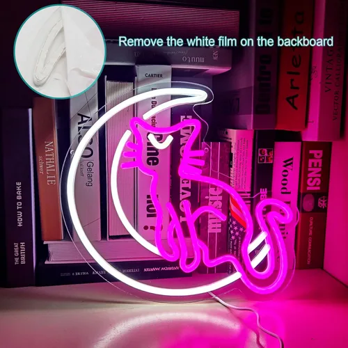 Miniatura 6 de SmilingTown Letreros de neón rosa y blanco para decoración de pared, funciona con USB, luces decorativas de neón de luna y gato para el hogar