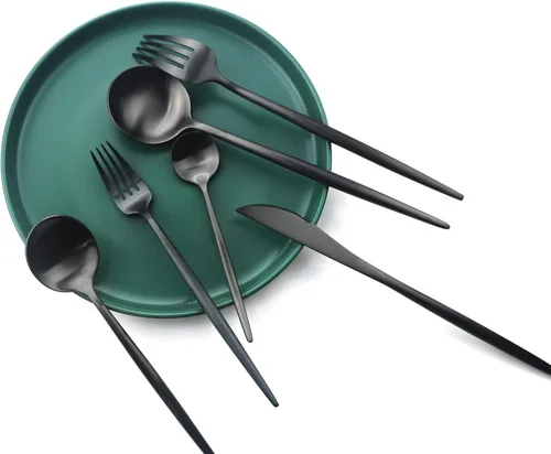 Miniatura 3 de Juego de cubiertos de acero inoxidable 18/10 con mango negro mate de 6 piezas, juego de cubiertos negros, juego de utensilios para el hogar