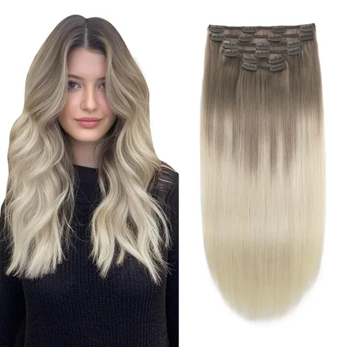 Miniatura 11 de XDhair Extensiones de cabello humano Remy con pinzas, color marrón medio #4, mezclado con rubio caramelo #27, 3.53 oz, 6