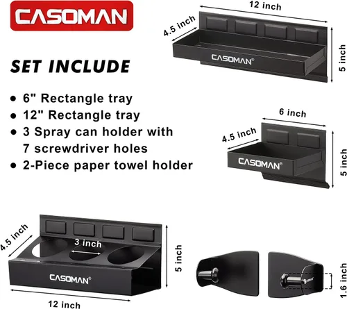 Miniatura 3 de CASOMAN Caja de herramientas magnética, bandeja, soporte para toallas de papel, juego de 4 piezas, negro, variedad de uso, duradero, imanes