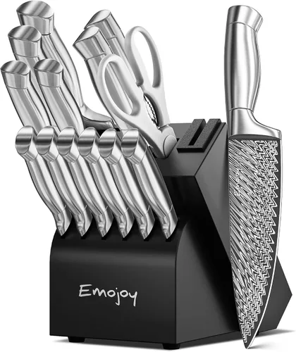 Emojoy - Juego de cuchillos de cocina de 15 piezas con bloque y afilador integrado, juego de bloques de cuchillos de acero inoxidable alemán de alto