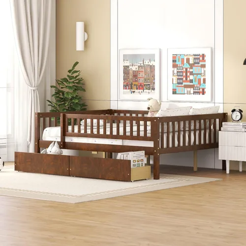 Miniatura 19 de Harper & Bright Designs Cama diván Full con cama nido, marco de cama nido de madera Full con barandas de seguridad, cama Full Montessori para Nuez