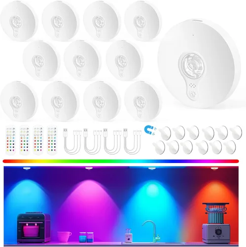 Luces de disco recargables con control remoto, juego de 12 luces magnéticas para debajo del gabinete, luces LED de 1500mAh con control remoto, Blanco