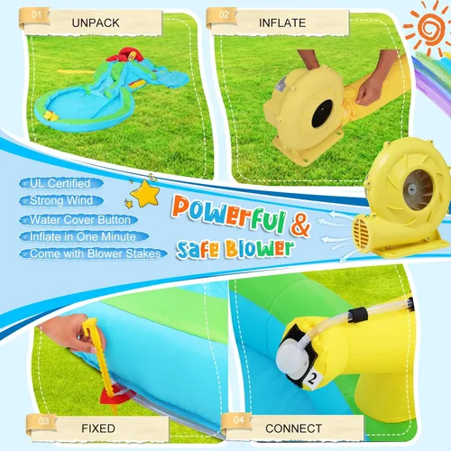 Miniatura 7 de Tobogán acuático inflable para niños, parque acuático 5 en 1 con tobogán para húmedo y seco, toboganes acuáticos inflables de 13 x 8.3 x 7.1 pies
