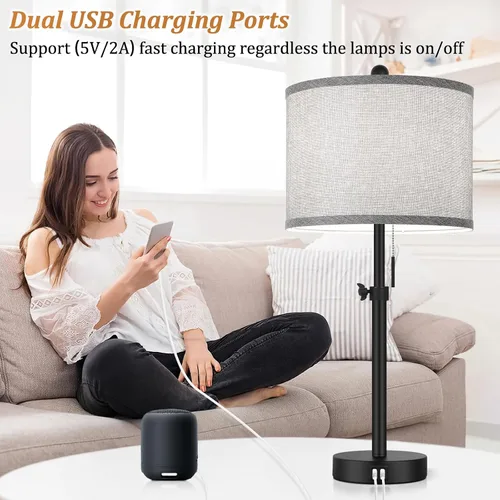 Miniatura 3 de Kondras Table Lamps for Bedroom Set of 2, 23''-30'' Adjustable Height Bedside Lamps with 2 USB Ports, Black Nightstand Lamps with Grey Linen Shade