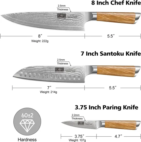 Miniatura 2 de HOSHANHO Juego de Cuchillos de Cocina de Damasco de 3 Piezas, Cuchillo de Chef Ultra Afilado de 8", Cuchillo Santoku de 7", Cuchillo Mondador