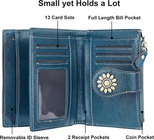 Miniatura 4 de Lavemi Cartera de cuero para mujer pequeña compacta con bloqueo RFID con bolsillo con cremallera