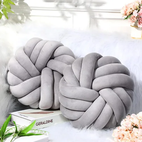Miniatura 5 de Fumete 2 piezas almohadas de nudo redondas de 14 pulgadas, almohada de bola de nudo de felpa suave hecha a mano, cojín decorativo moderno anudado