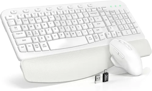 Miniatura 12 de Combo de teclado y mouse inalámbricos – Tecla de onda ergonómica, reposa muñecas de cuero suave incorporado, 2.4G de tamaño completo, 8 teclas