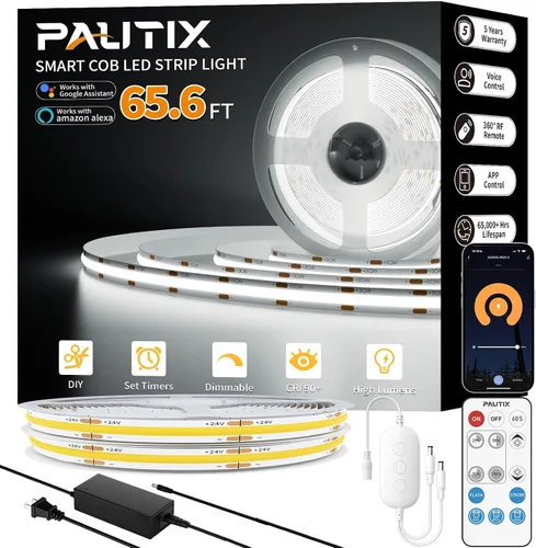 Miniatura 11 de PAUTIX Tiras de luces LED COB 65.6 pies/20m blanco cálido 2700K, compatible con Alexa/Google Assistant, tiras LED regulables para dormitorio
