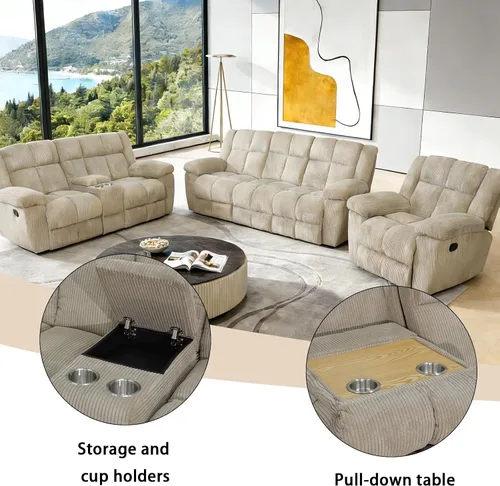 Miniatura 5 de Juego de sofá reclinable seccional con almacenamiento, juegos de muebles de pana para sala de estar, juego de sofá reclinable con portavasos, Beige